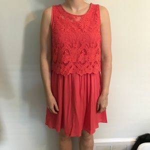Coral Dress with Lace Overlay